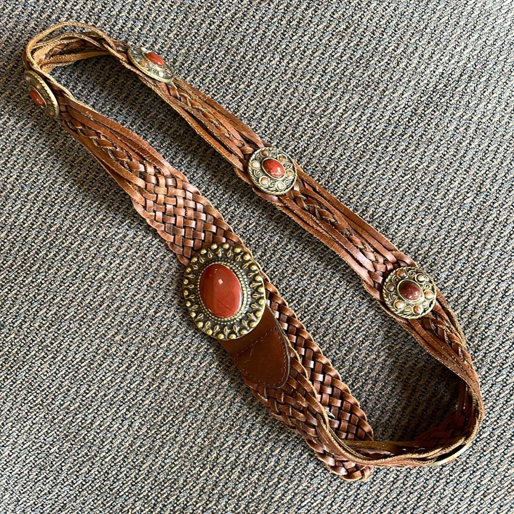 Woven Vintage Leather Belt with Brass Buckle and Stone Accents, size M/L - Picture 2 of 8